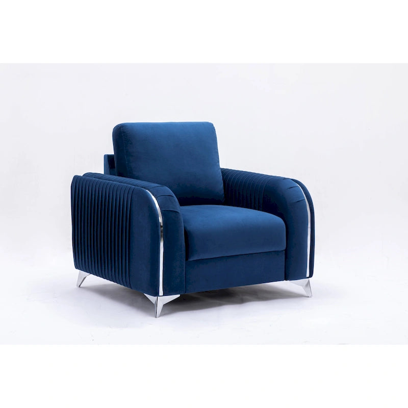 Fauteuil d'appoint en velours bleu avec piètement en chrome poli
