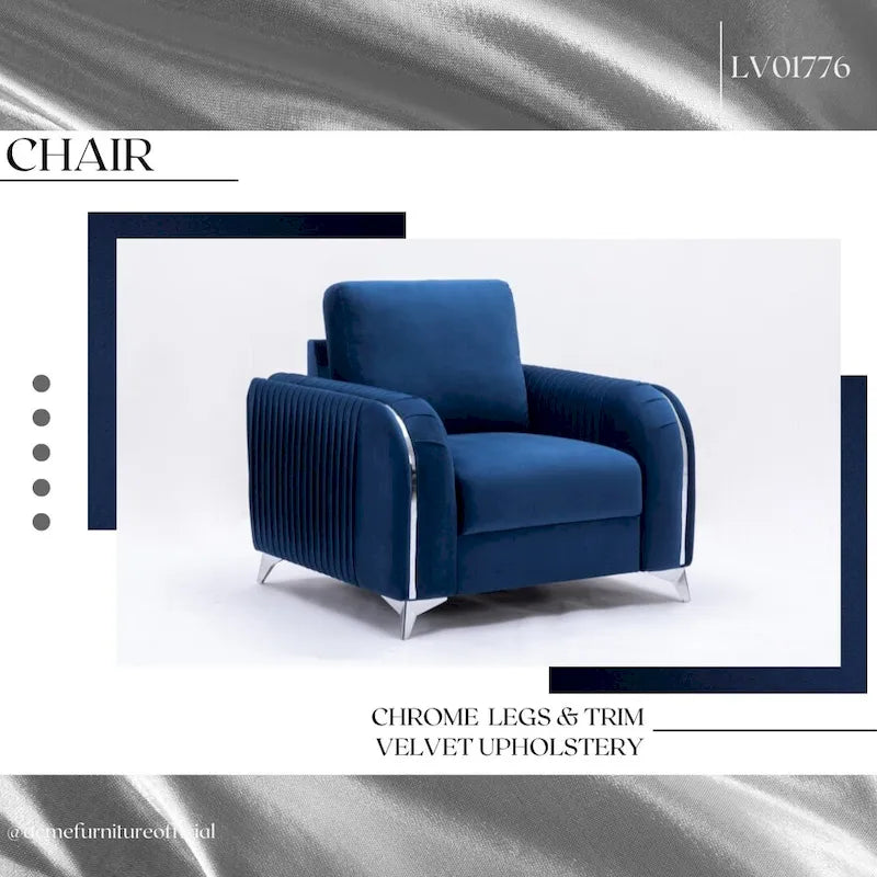 Fauteuil d'appoint en velours bleu avec piètement en chrome poli