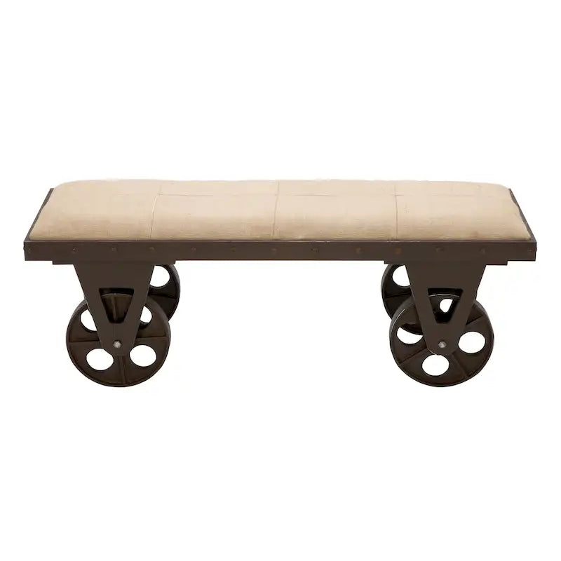 Banc d'intérieur à roulettes et assise rembourrée en lin, tissu lin esprit vintage industriel