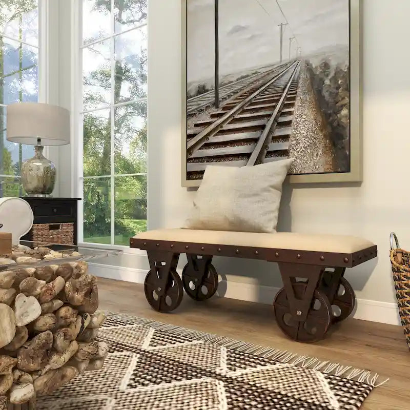 Banc d'intérieur à roulettes et assise rembourrée en lin, tissu lin esprit vintage industriel