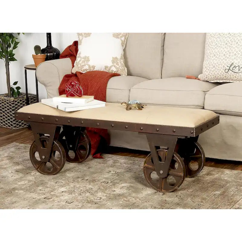 Banc d'intérieur à roulettes et assise rembourrée en lin, tissu lin esprit vintage industriel
