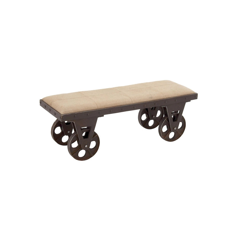 Banc d'intérieur à roulettes et assise rembourrée en lin, tissu lin esprit vintage industriel