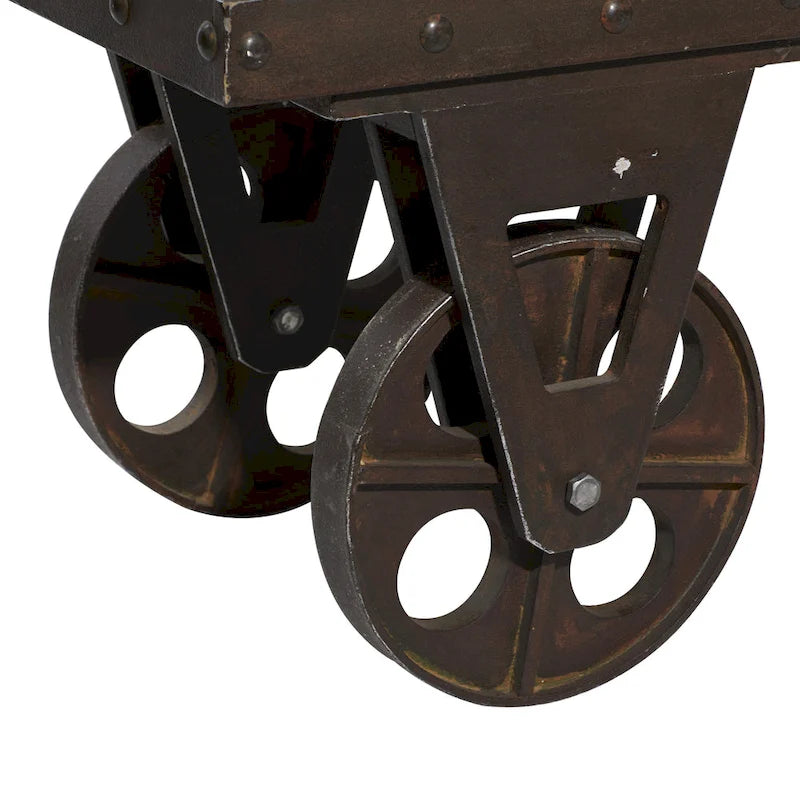 Banc d'intérieur à roulettes et assise rembourrée en lin, tissu lin esprit vintage industriel
