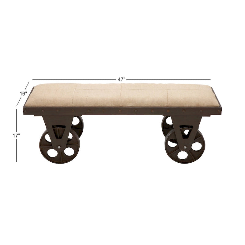 Banc d'intérieur à roulettes et assise rembourrée en lin, tissu lin esprit vintage industriel