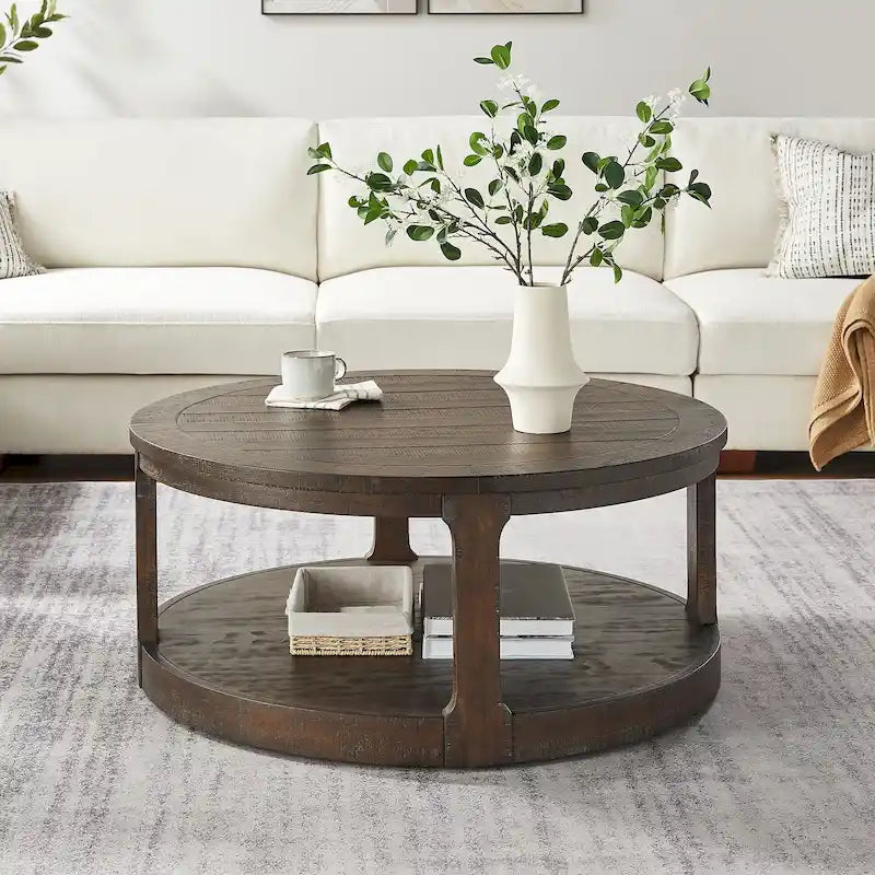 Table basse ronde moderne à deux niveaux avec grain de bois, 40 po