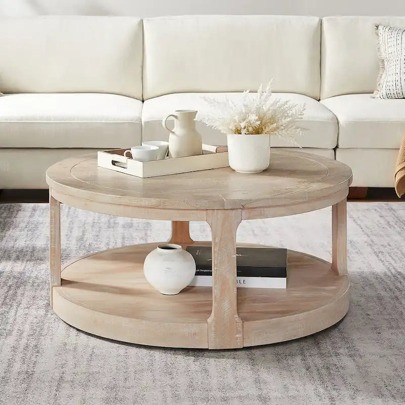 Table basse ronde moderne à deux niveaux avec grain de bois, 40 po