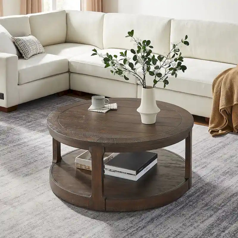 Table basse ronde moderne à deux niveaux avec grain de bois, 40 po
