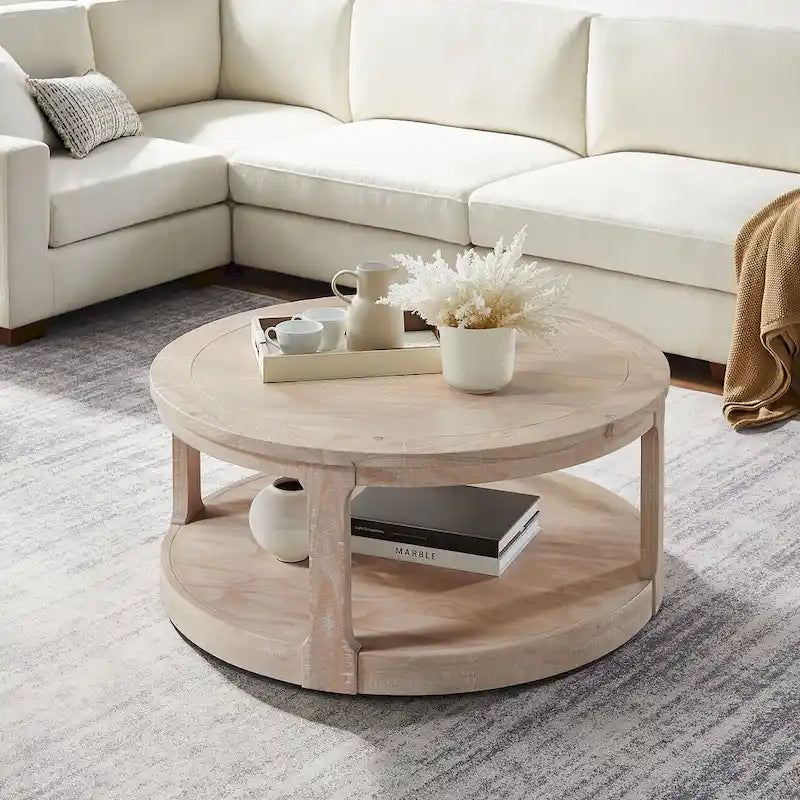 Table basse ronde moderne à deux niveaux avec grain de bois, 40 po