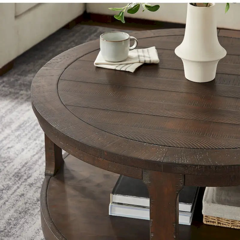 Table basse ronde moderne à deux niveaux avec grain de bois, 40 po