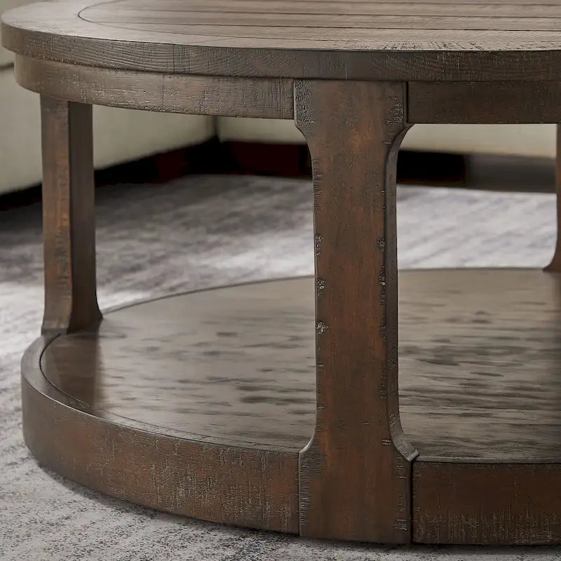 Table basse ronde moderne à deux niveaux avec grain de bois, 40 po