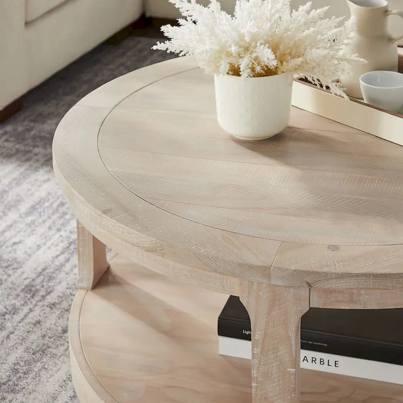 Table basse ronde moderne à deux niveaux avec grain de bois, 40 po