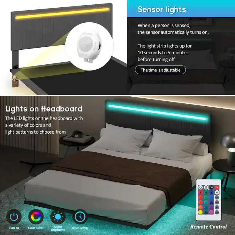 Cadre de lit plateforme flottant grand lit/queen en velours
