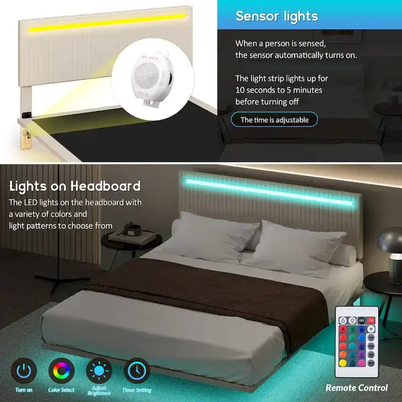 Cadre de lit plateforme flottant grand lit/queen en velours