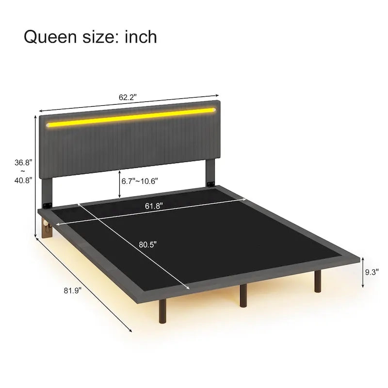 Cadre de lit plateforme flottant grand lit/queen en velours