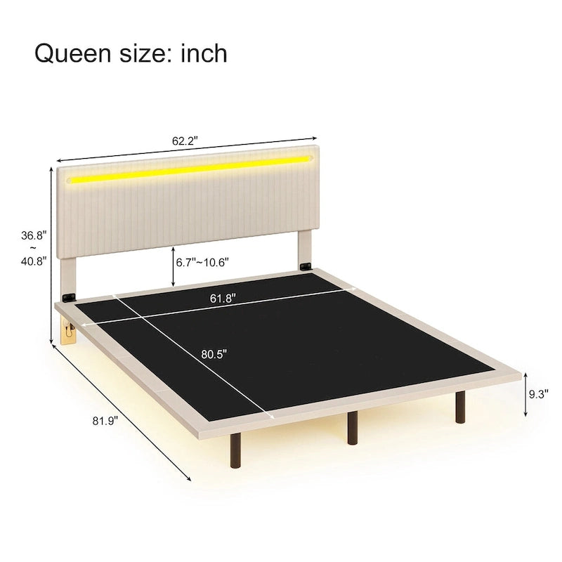 Cadre de lit plateforme flottant grand lit/queen en velours