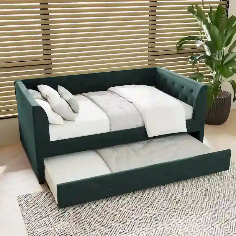 Lit de repos double en velours capitonné avec lit gigogne et rangement