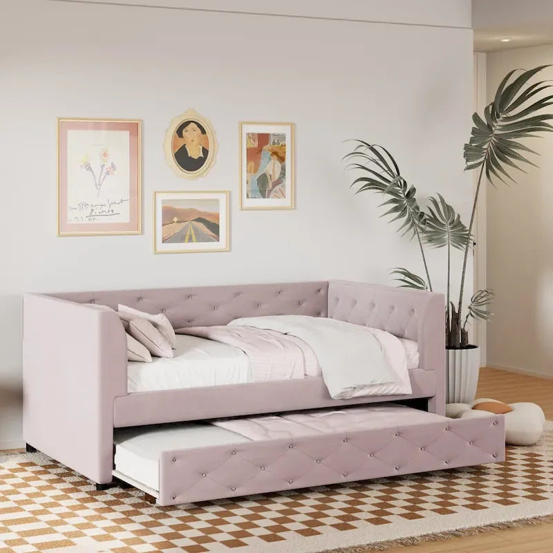 Lit de repos double en velours capitonné avec lit gigogne et rangement
