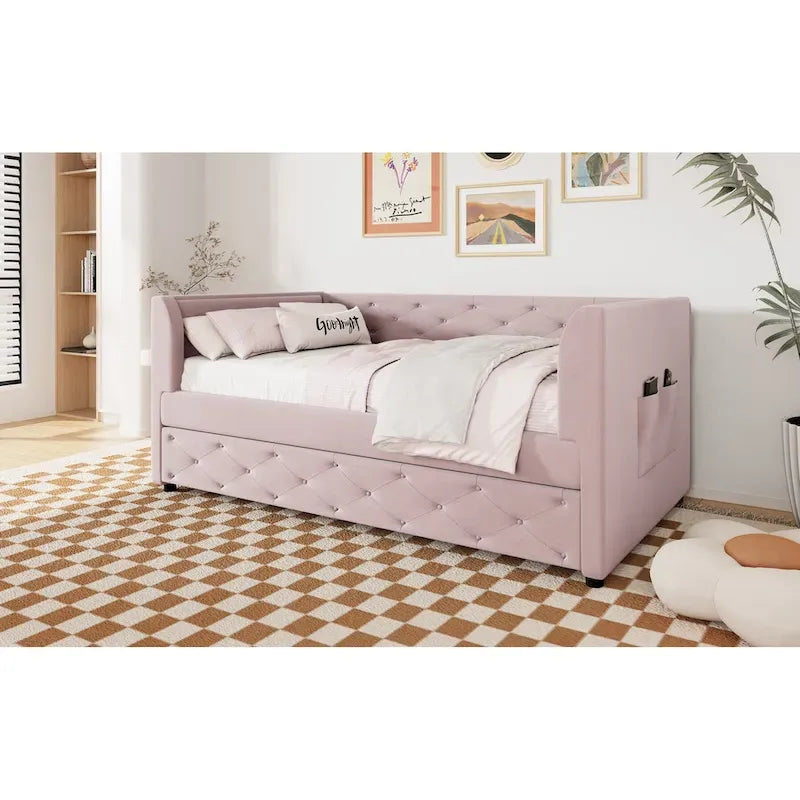 Lit de repos double en velours capitonné avec lit gigogne et rangement