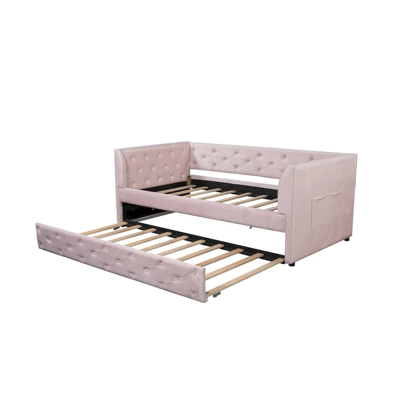 Lit de repos double en velours capitonné avec lit gigogne et rangement