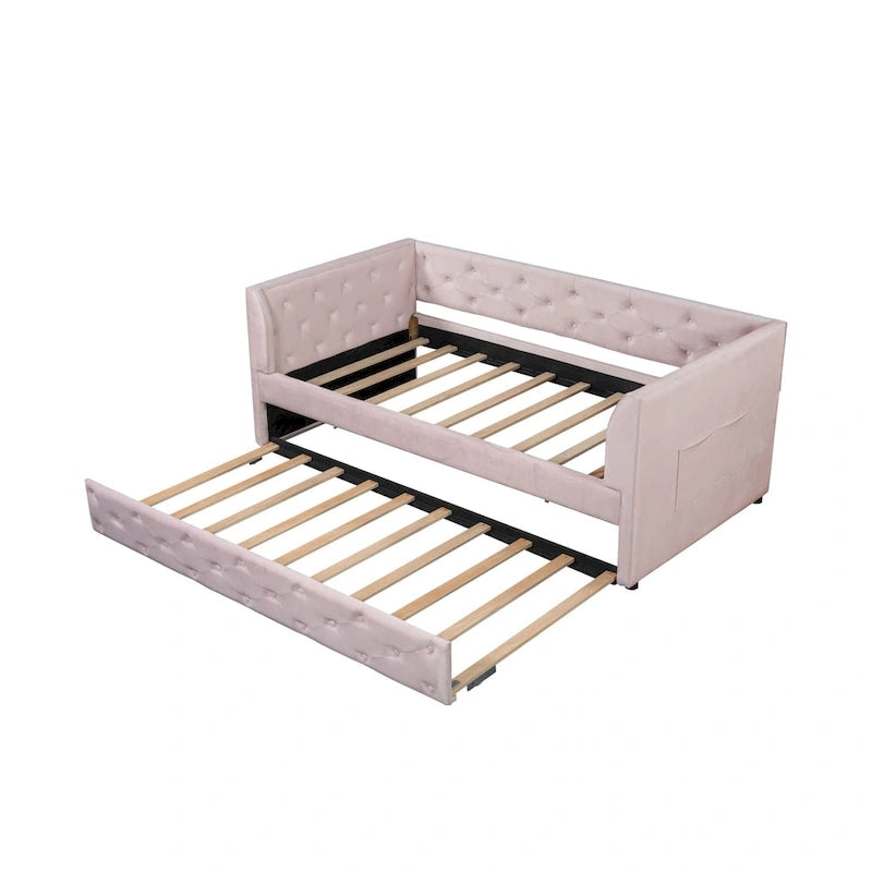 Lit de repos double en velours capitonné avec lit gigogne et rangement