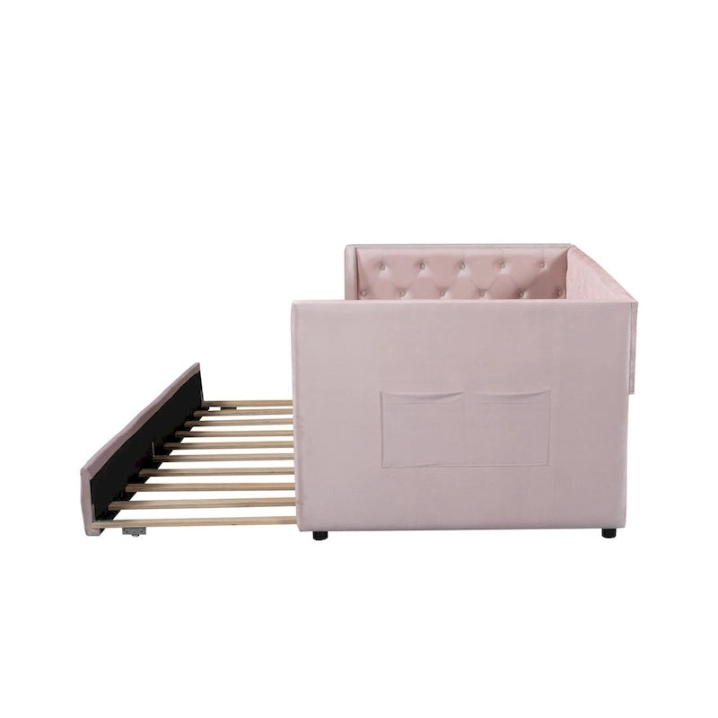 Lit de repos double en velours capitonné avec lit gigogne et rangement