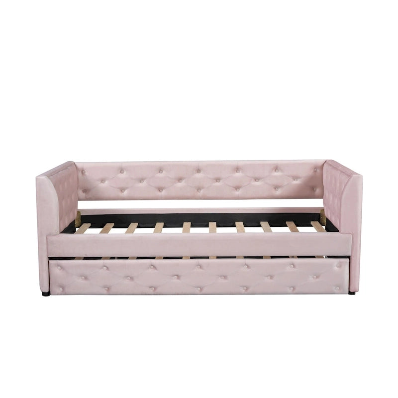 Lit de repos double en velours capitonné avec lit gigogne et rangement