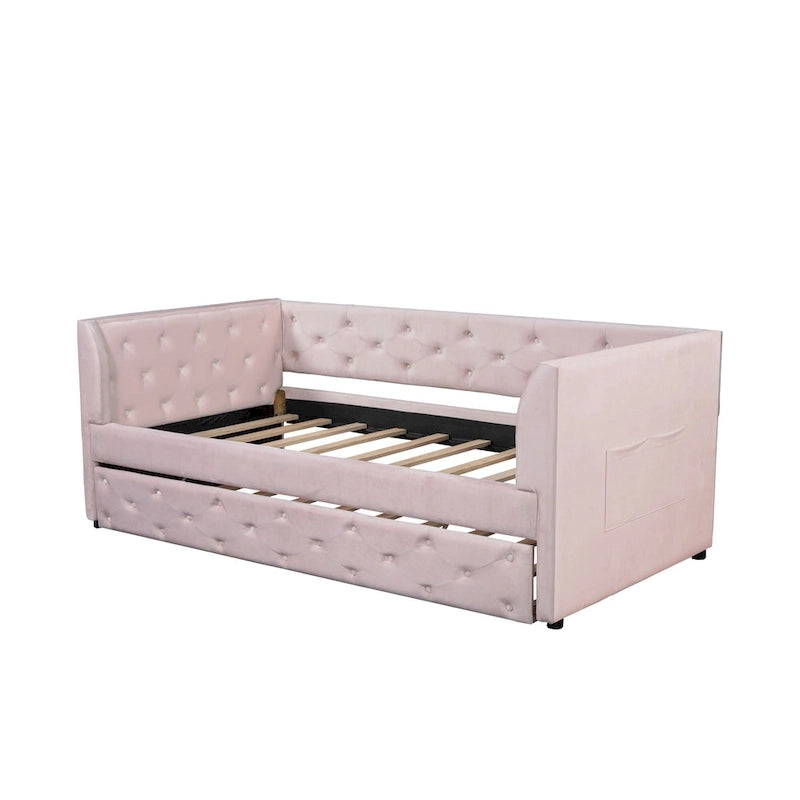 Lit de repos double en velours capitonné avec lit gigogne et rangement