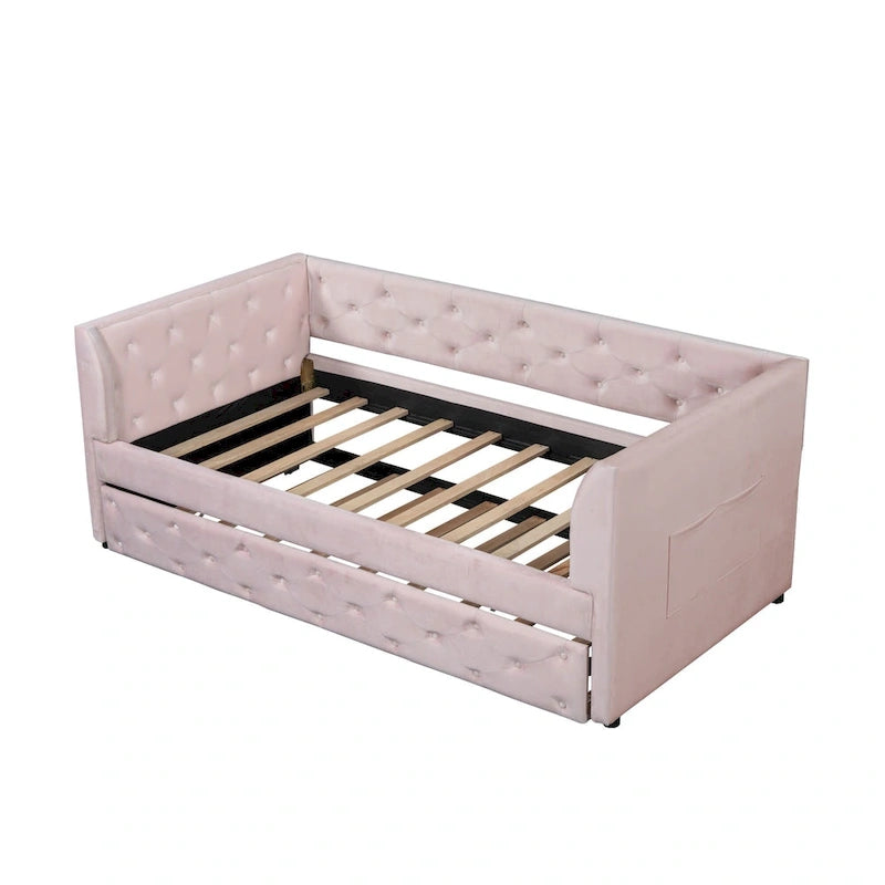 Lit de repos double en velours capitonné avec lit gigogne et rangement