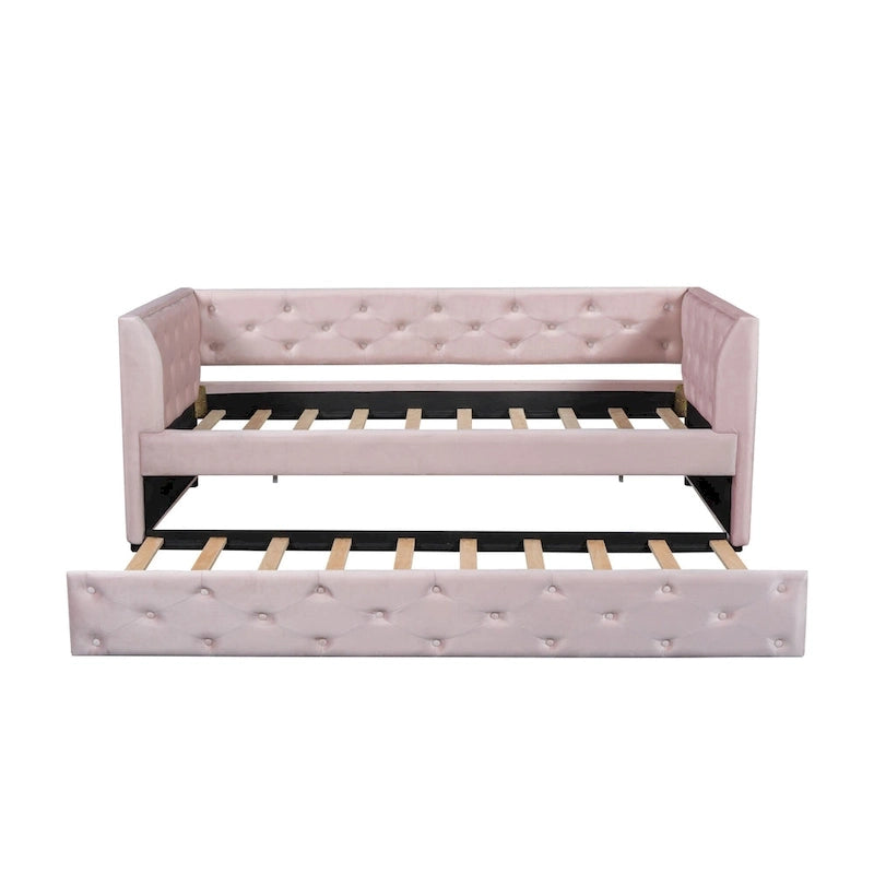 Lit de repos double en velours capitonné avec lit gigogne et rangement