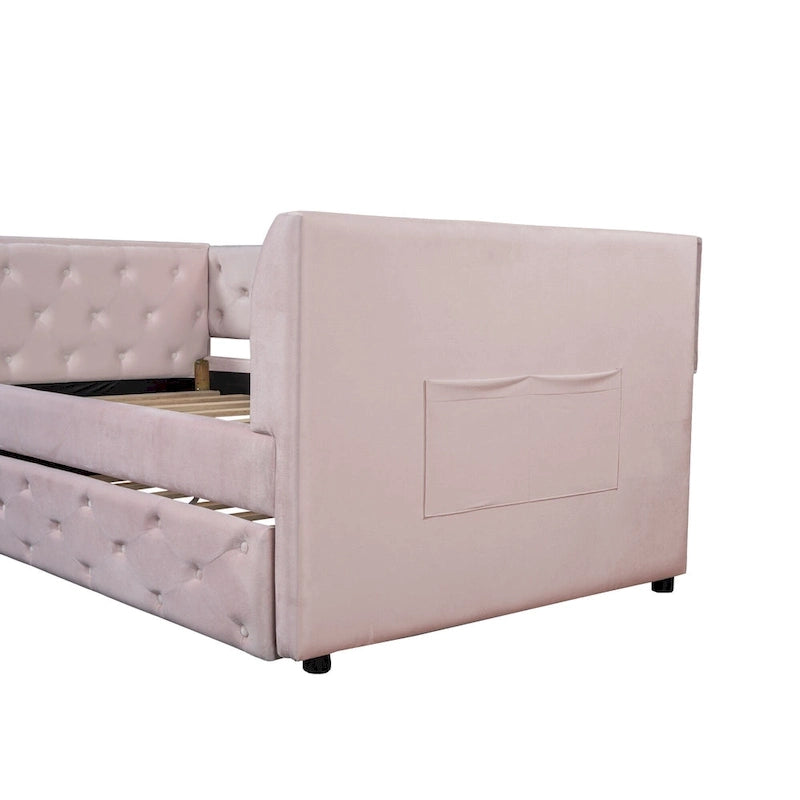 Lit de repos double en velours capitonné avec lit gigogne et rangement