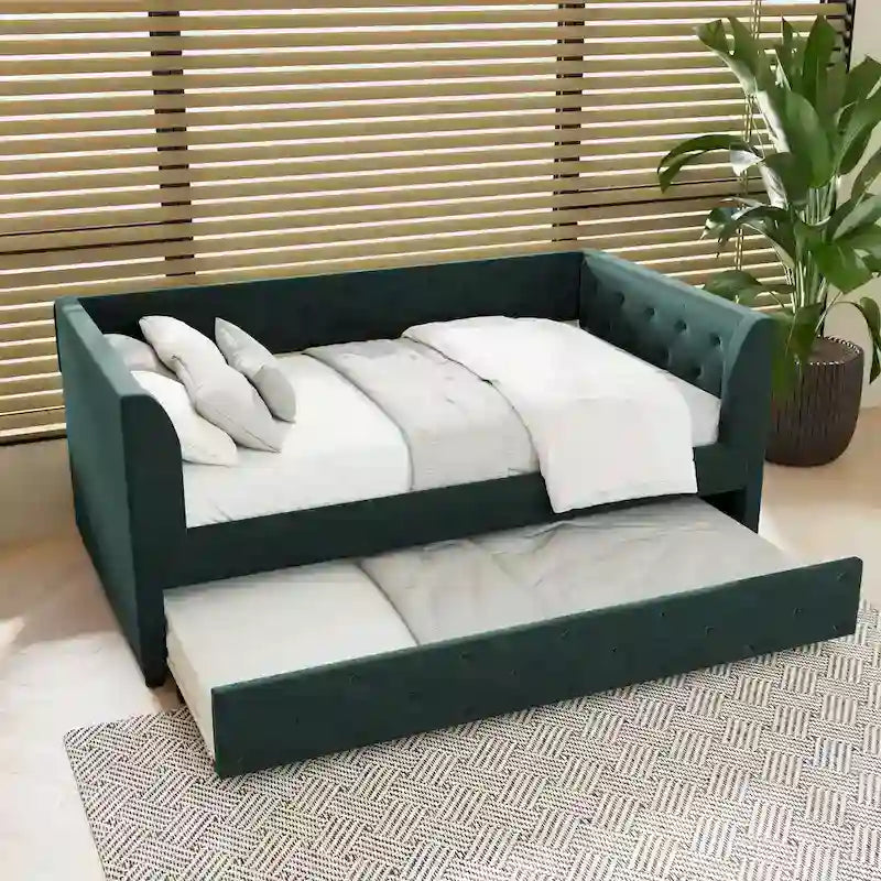 Lit de repos double en velours capitonné avec lit gigogne et rangement