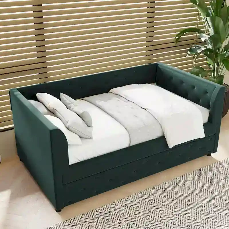 Lit de repos double en velours capitonné avec lit gigogne et rangement