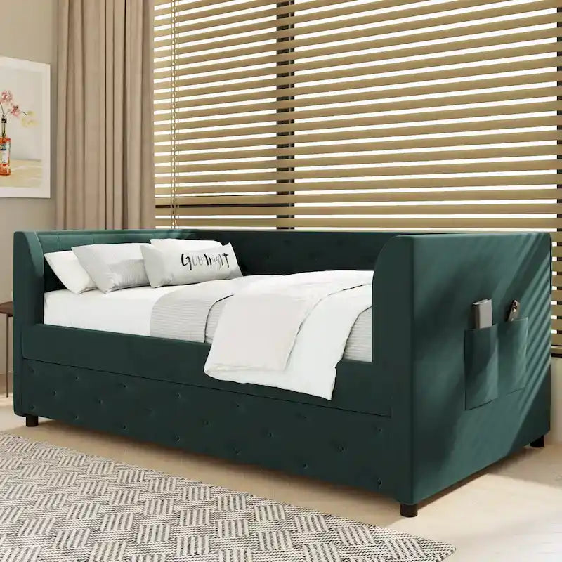 Lit de repos double en velours capitonné avec lit gigogne et rangement