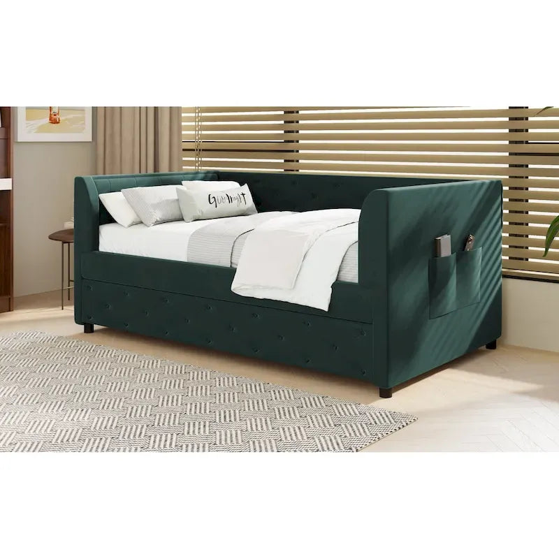 Lit de repos double en velours capitonné avec lit gigogne et rangement