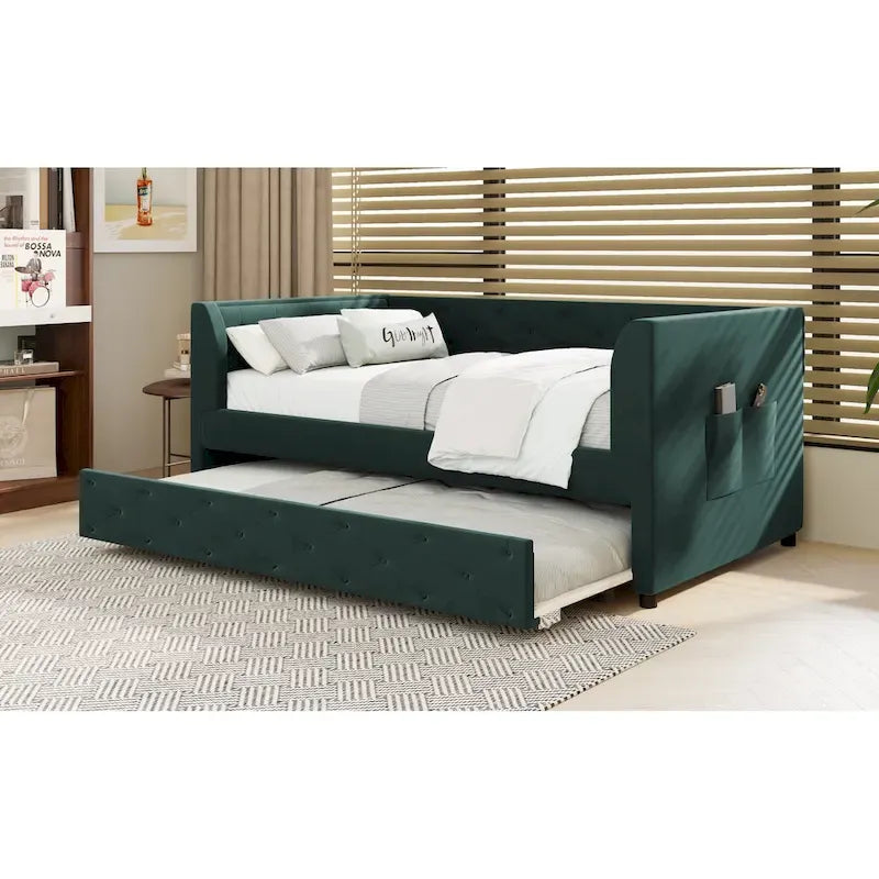 Lit de repos double en velours capitonné avec lit gigogne et rangement