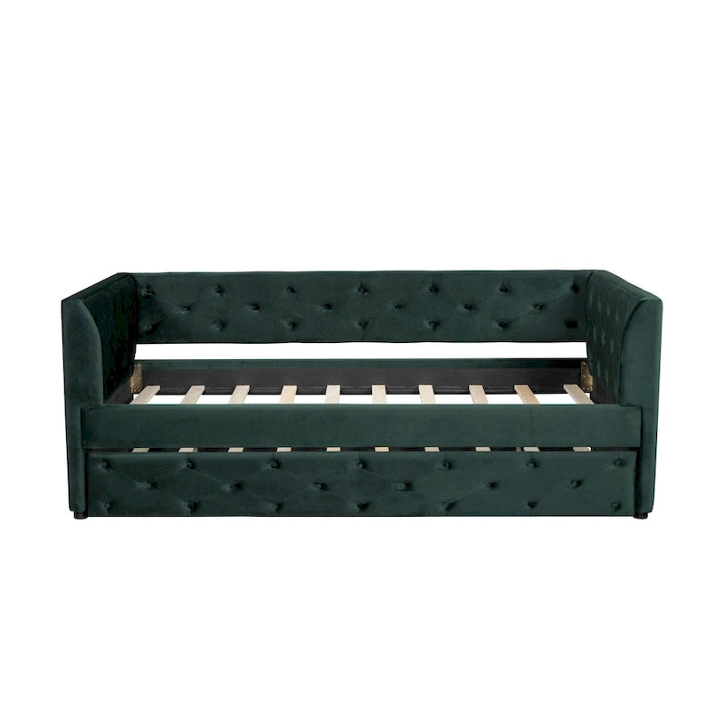 Lit de repos double en velours capitonné avec lit gigogne et rangement