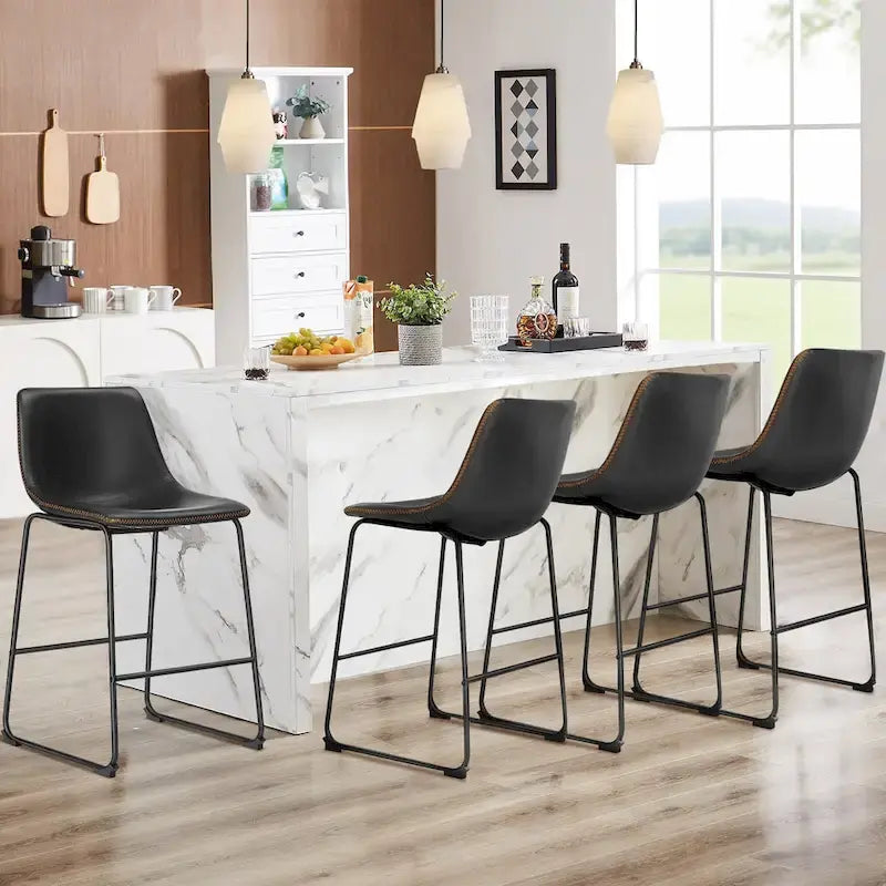 Tabourets de bar classiques en similicuir de 66 cm (hauteur comptoir) - Lot de 2 avec dossier et pieds en métal pour îlot de cuisine