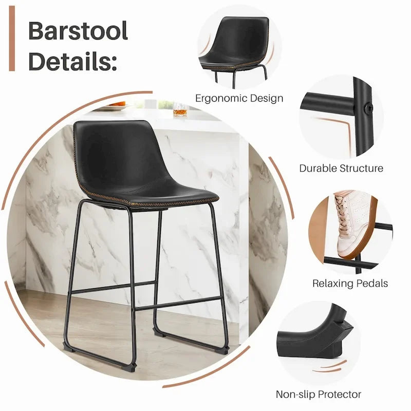 Tabourets de bar classiques en similicuir de 66 cm (hauteur comptoir) - Lot de 2 avec dossier et pieds en métal pour îlot de cuisine