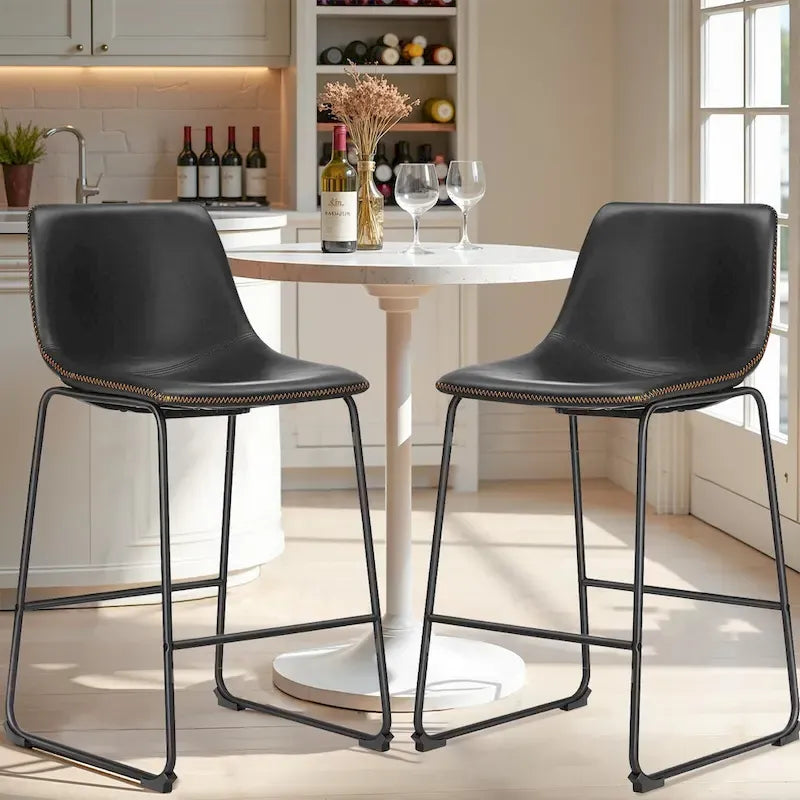 Tabourets de bar classiques en similicuir de 66 cm (hauteur comptoir) - Lot de 2 avec dossier et pieds en métal pour îlot de cuisine