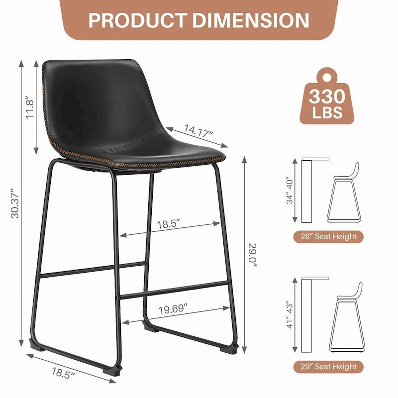 Tabourets de bar classiques en similicuir de 66 cm (hauteur comptoir) - Lot de 2 avec dossier et pieds en métal pour îlot de cuisine
