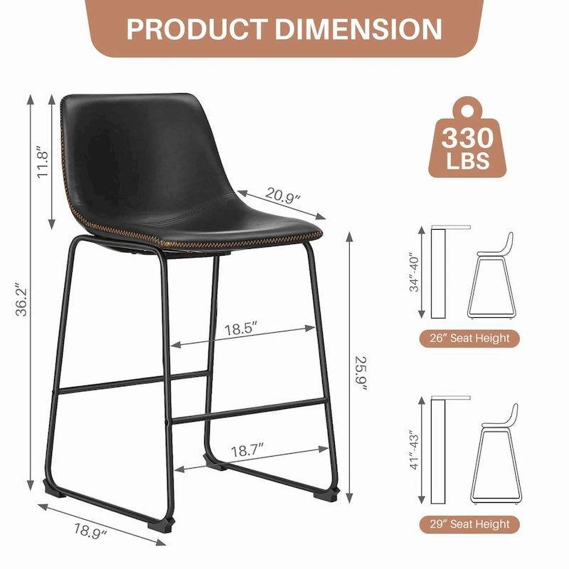 Tabourets de bar classiques en similicuir de 66 cm (hauteur comptoir) - Lot de 2 avec dossier et pieds en métal pour îlot de cuisine