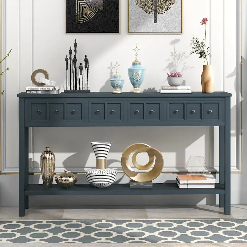 Farmhouse Entryway Table, Sofa Console Table W/4 Drawers, Bottom Shelf, Solid Wood Legs Narrow Sofa Tables For Entrance