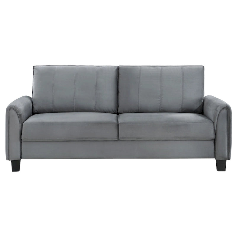 Tissu gris, accoudoirs arrondis, pieds coniques noirs, 203 cm