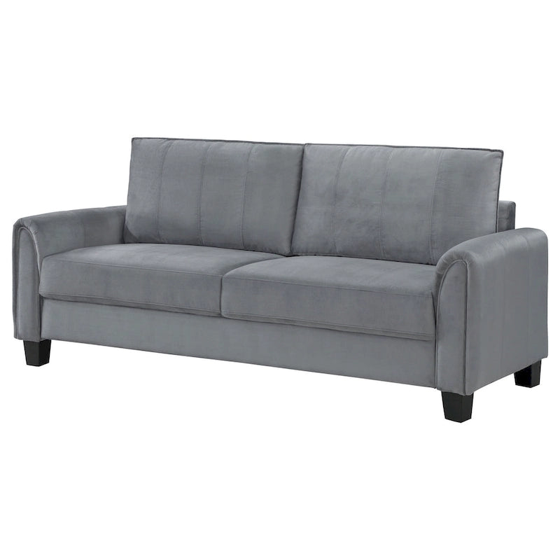 Tissu gris, accoudoirs arrondis, pieds coniques noirs, 203 cm