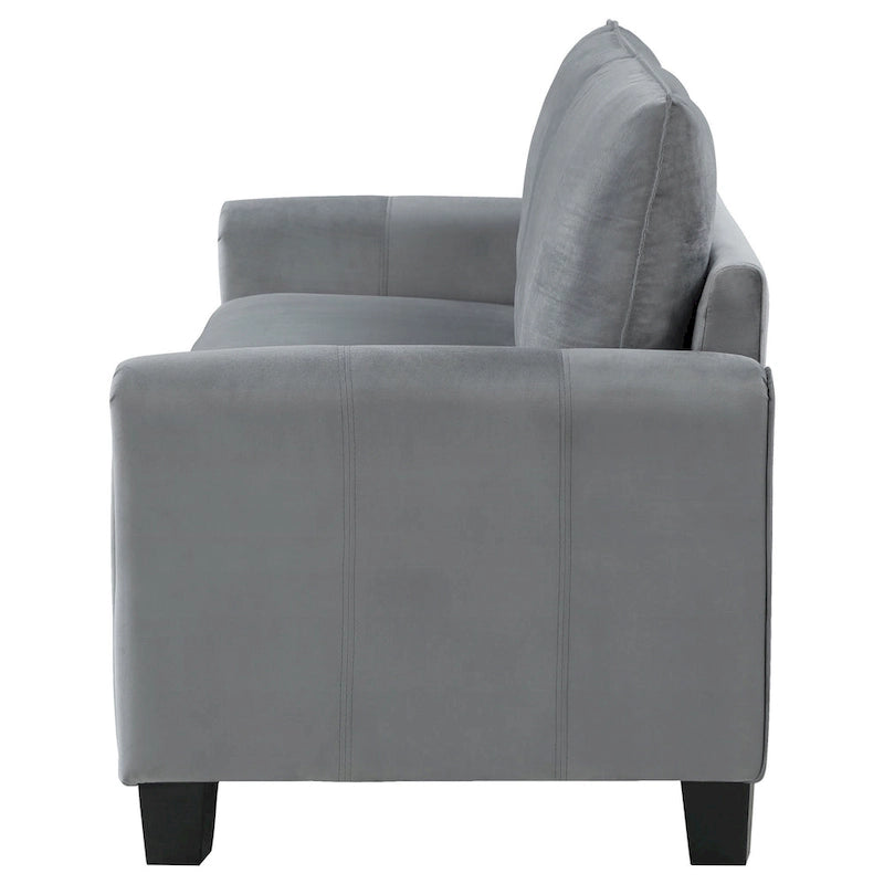 Tissu gris, accoudoirs arrondis, pieds coniques noirs, 203 cm