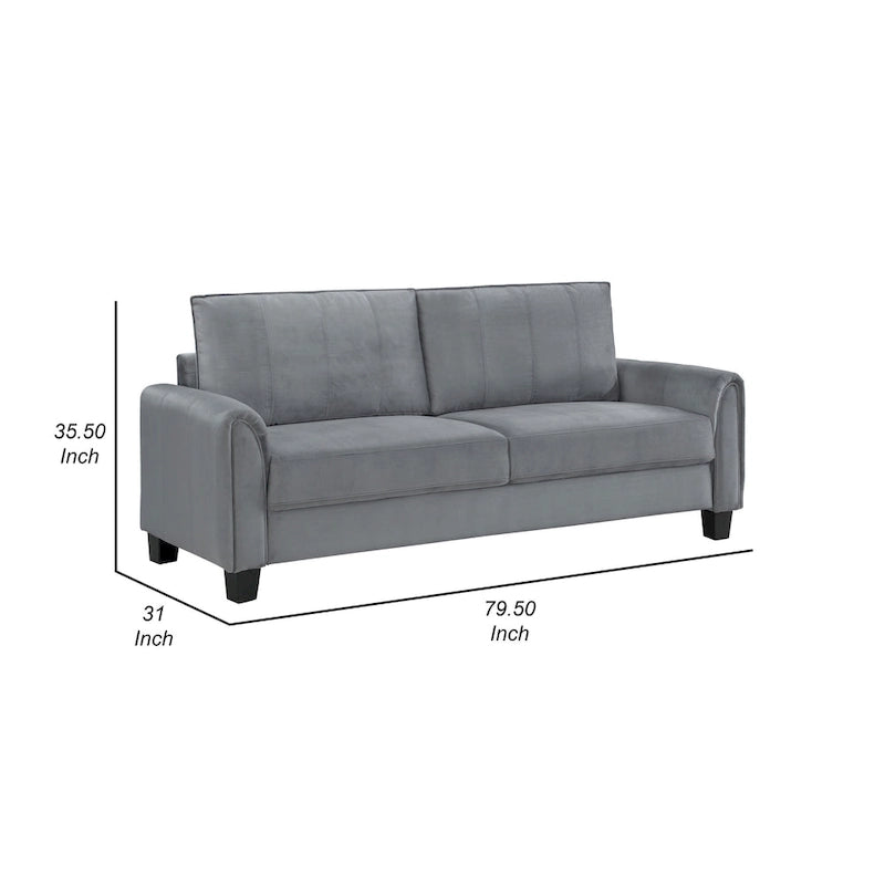 Tissu gris, accoudoirs arrondis, pieds coniques noirs, 203 cm