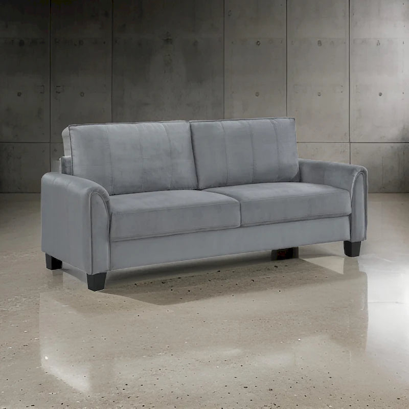 Tissu gris, accoudoirs arrondis, pieds coniques noirs, 203 cm