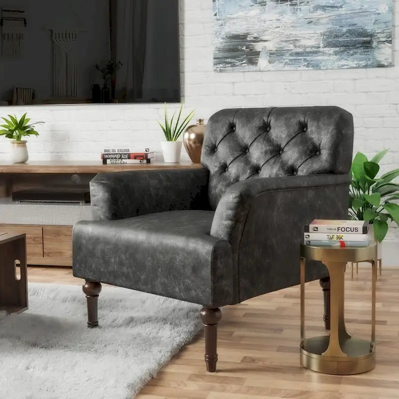 Fauteuil d'appoint large capitonné en vinyle transitionnel avec coussin en T