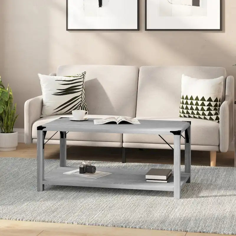 Table basse à 2 niveaux avec entretoises latérales et coins renforcés en métal