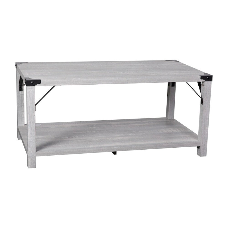 Table basse à 2 niveaux avec entretoises latérales et coins renforcés en métal